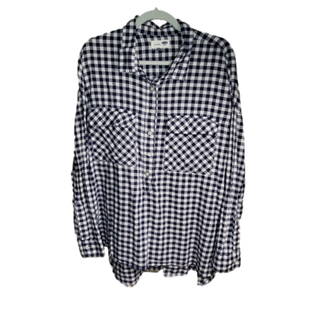 Old Navy XL blue & white gingham tunic slit sides oversized lightweight longslee